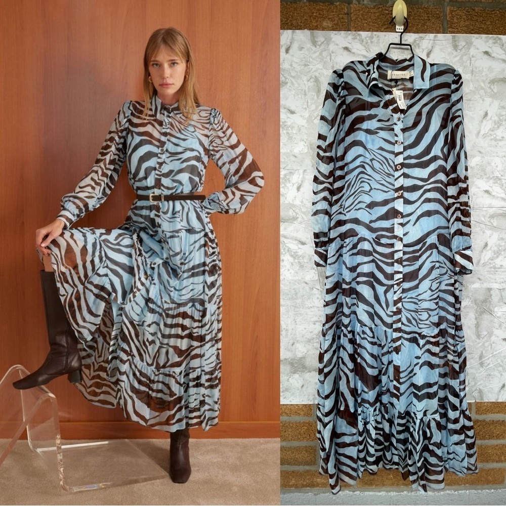 EXQUISE Azure Dress | Blue & Brown Zebra Print Boho Maxi | Mob Wife Aesthetic